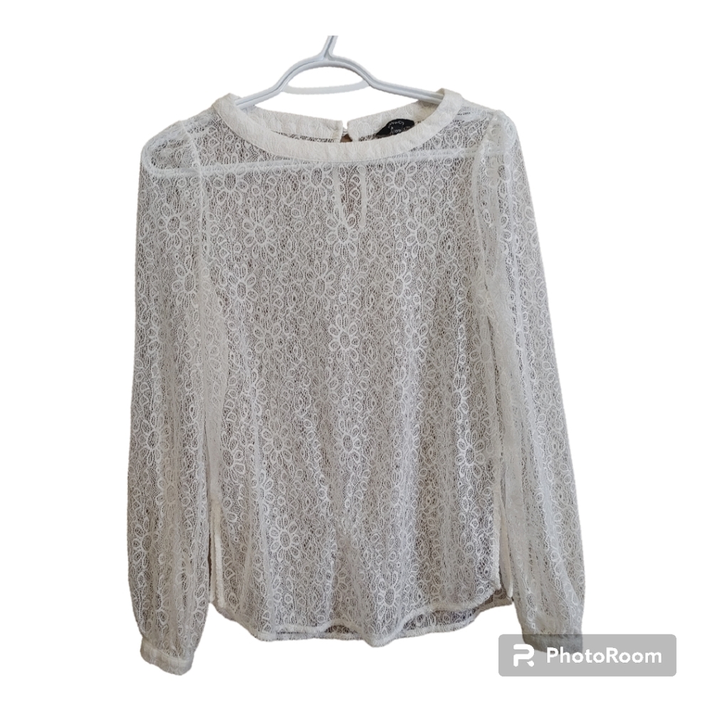 RW&CO Sheer Floral Lace White Blouse Size XS